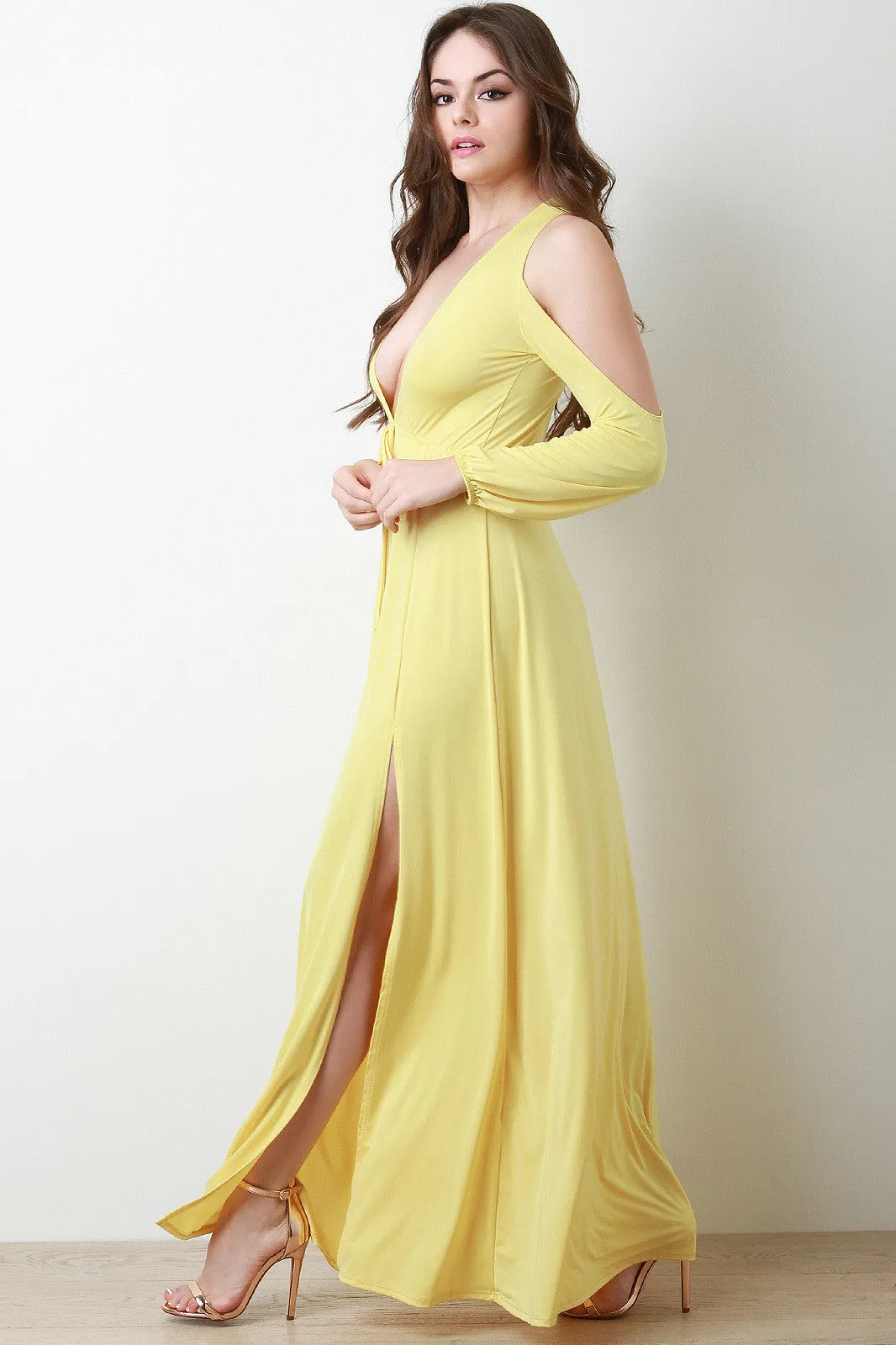 Cold Shoulder Thigh High Slit Maxi Dress