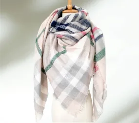 Cream, Pink, Gray & Blue Plaid Women's Blanket Scarf | Women Scarf | Gifts for Her | Women Shawl | Bridesmaid Scarf| Fall Scarf
