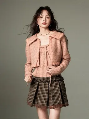 Cropped Knitted Cardigan & Camisole Set With Big Collar