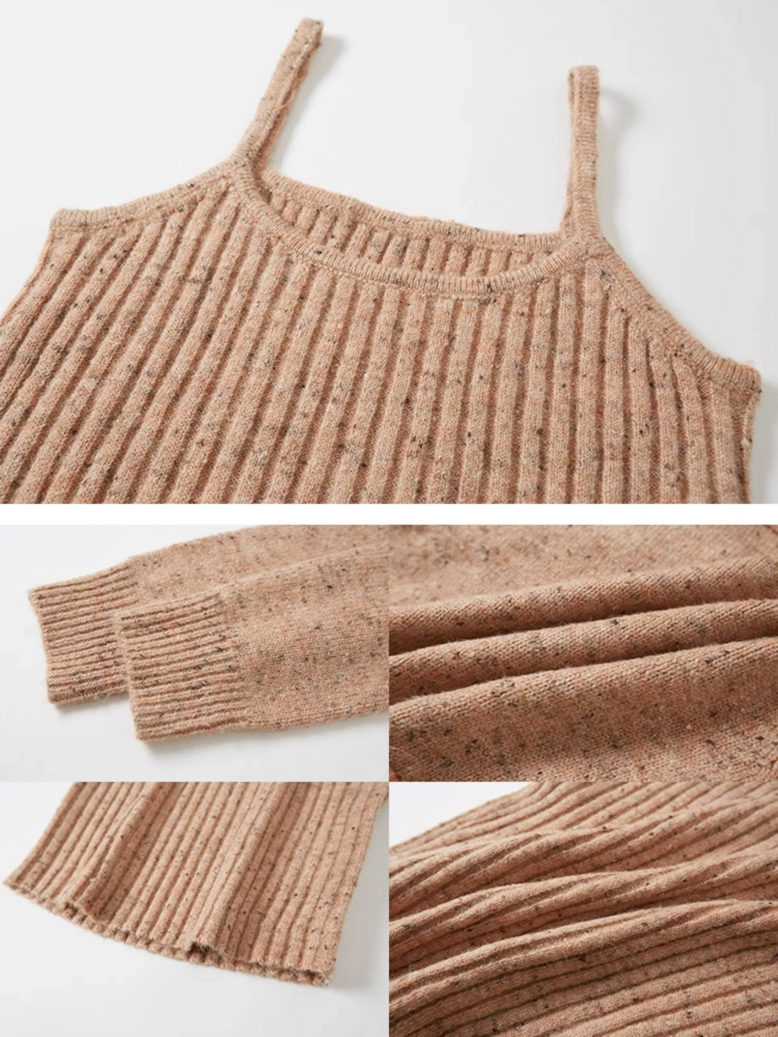 Cropped Knitted Cardigan & Camisole Set With Big Collar