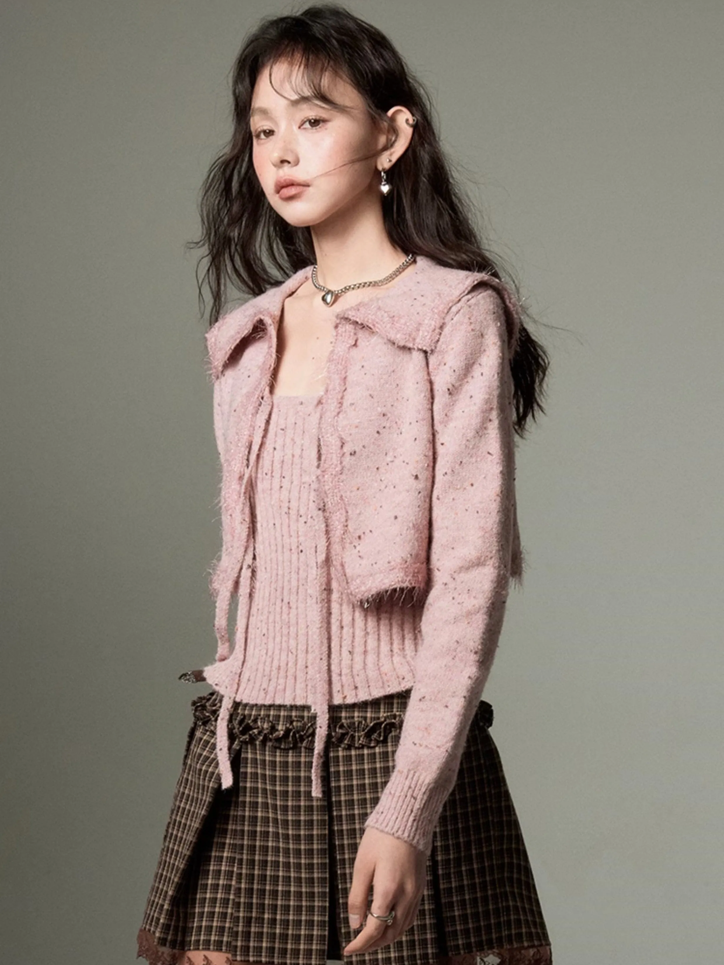 Cropped Knitted Cardigan & Camisole Set With Big Collar