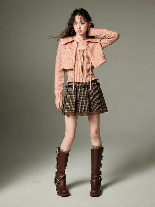 Cropped Knitted Cardigan & Camisole Set With Big Collar