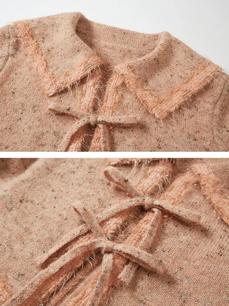 Cropped Knitted Cardigan & Camisole Set With Big Collar