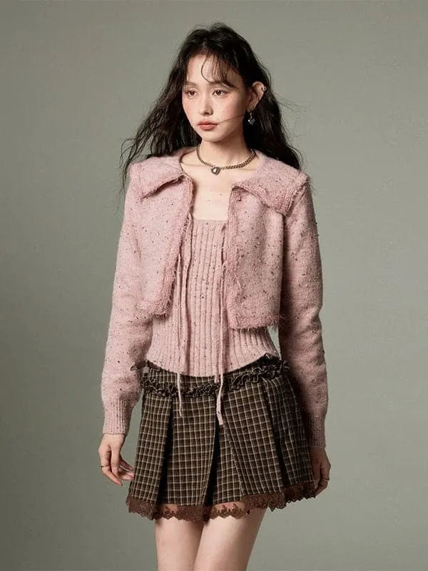Cropped Knitted Cardigan & Camisole Set With Big Collar