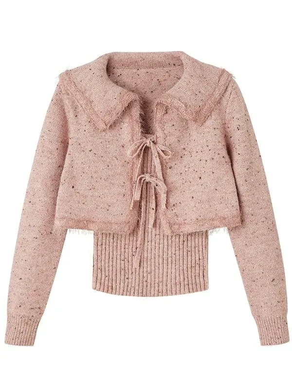 Cropped Knitted Cardigan & Camisole Set With Big Collar