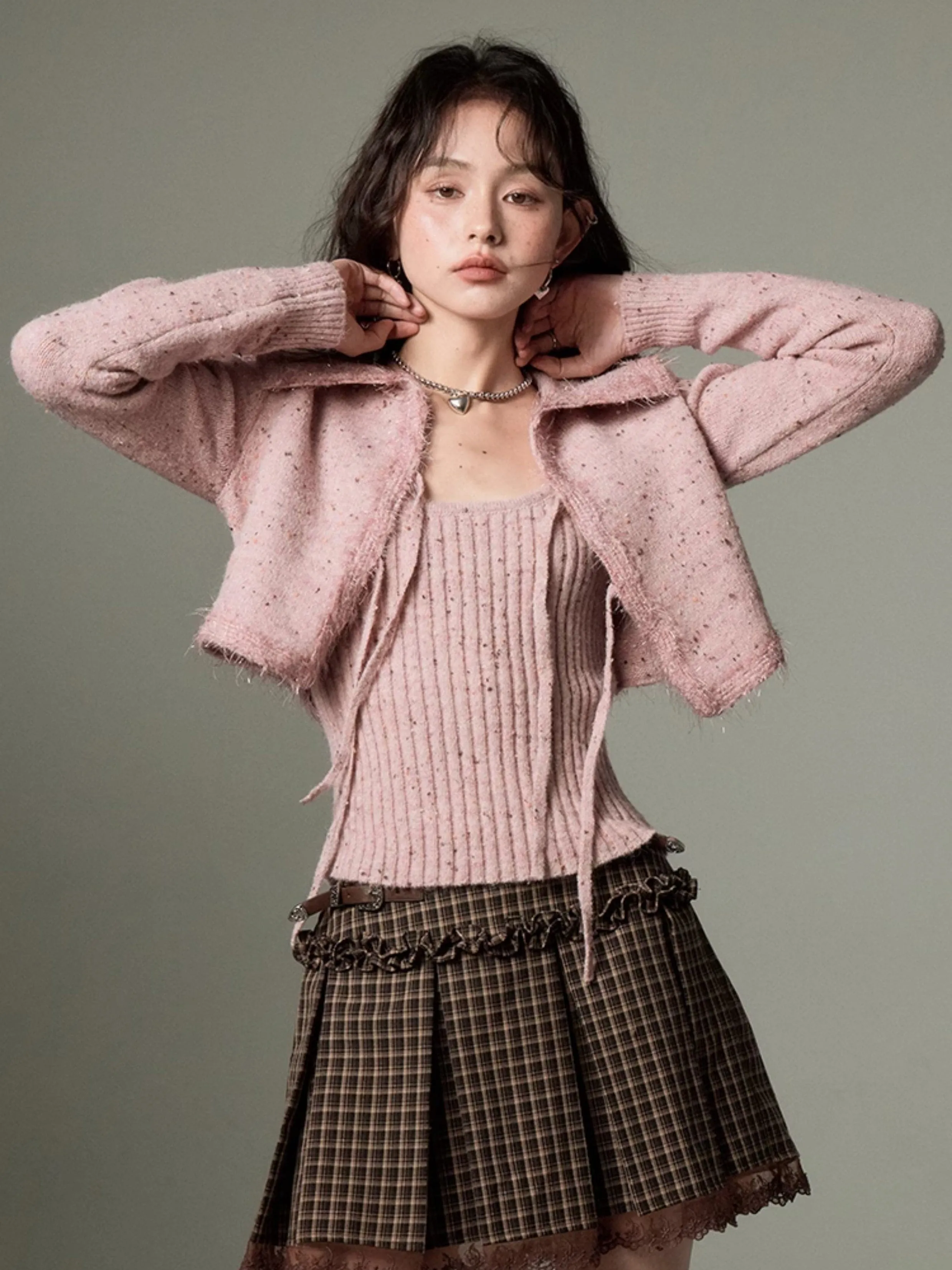 Cropped Knitted Cardigan & Camisole Set With Big Collar