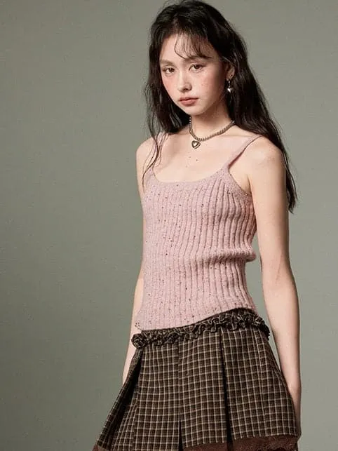Cropped Knitted Cardigan & Camisole Set With Big Collar
