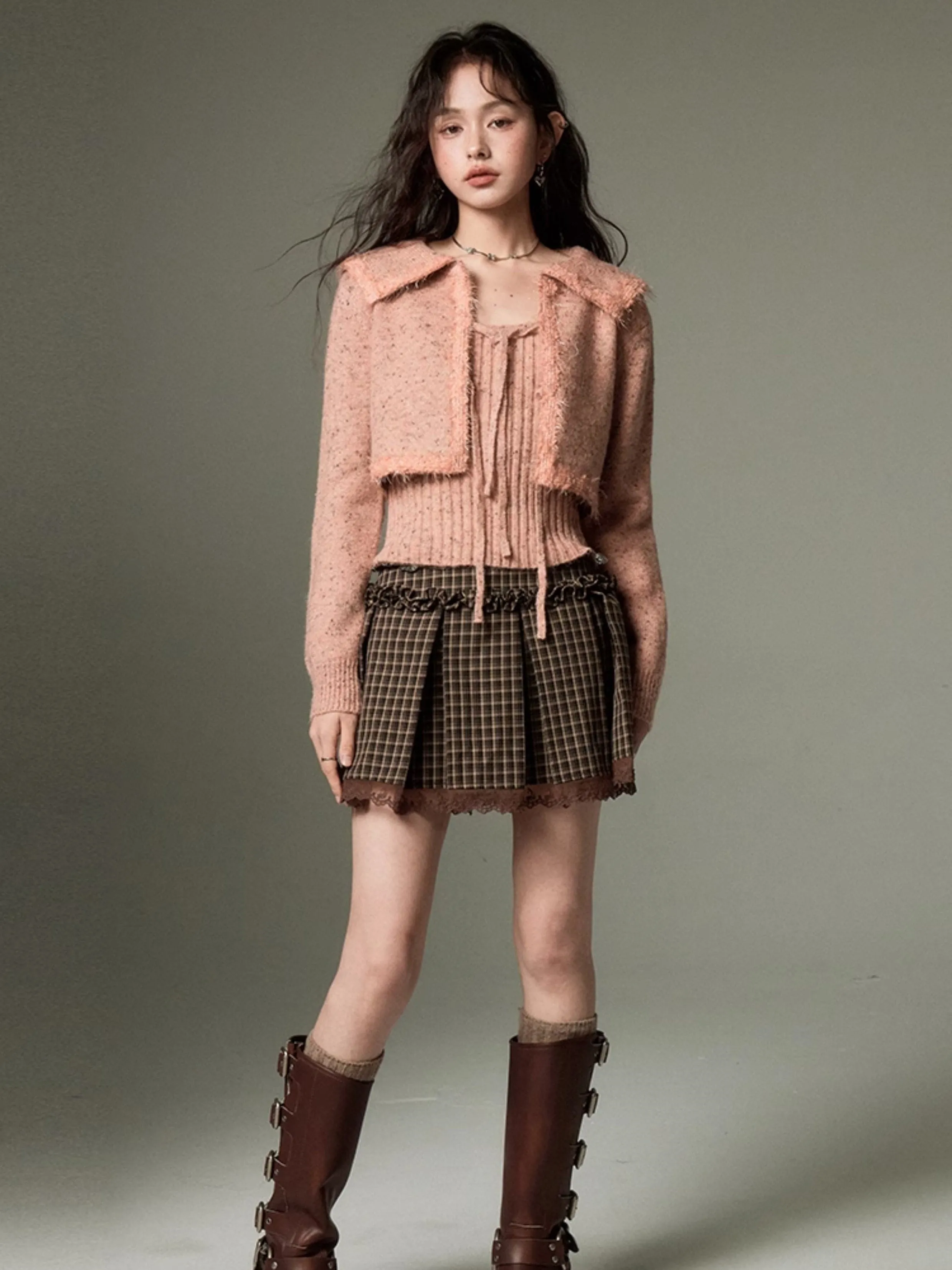 Cropped Knitted Cardigan & Camisole Set With Big Collar