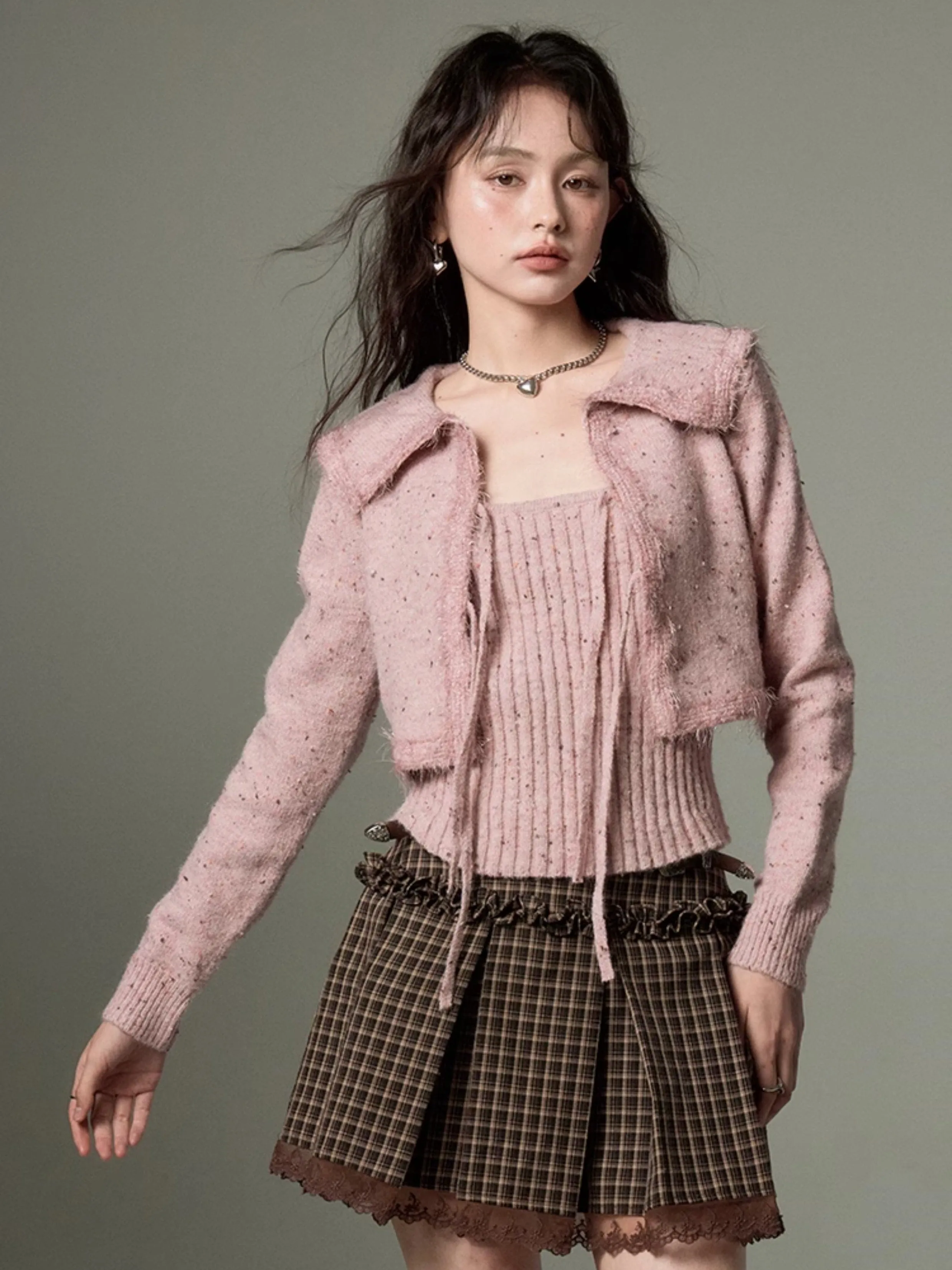 Cropped Knitted Cardigan & Camisole Set With Big Collar