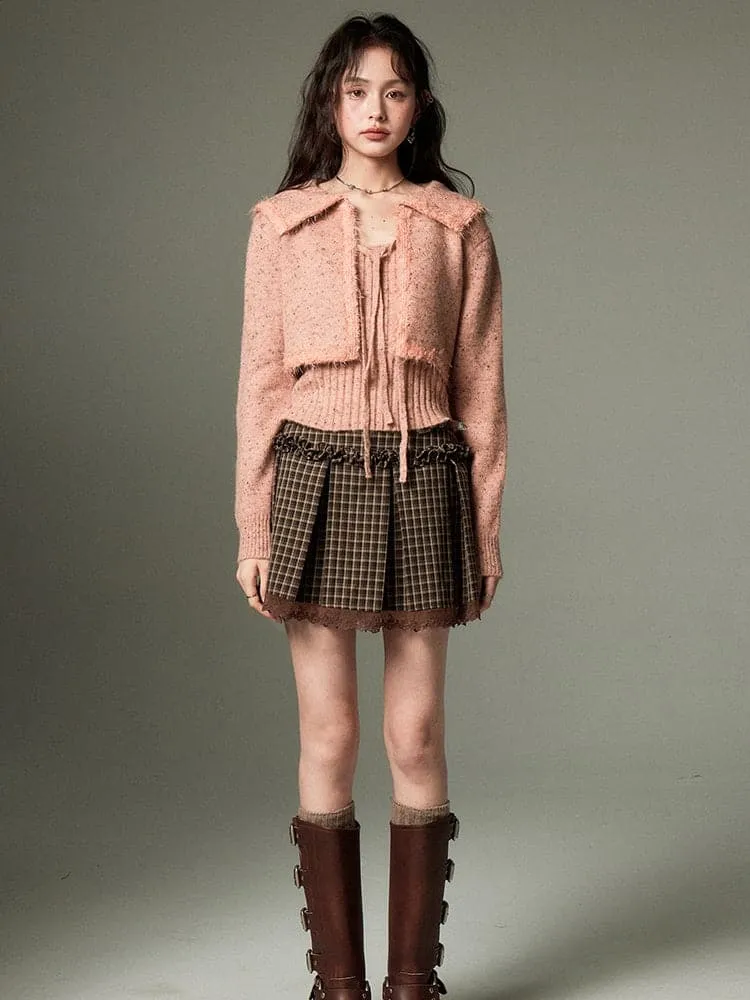 Cropped Knitted Cardigan & Camisole Set With Big Collar