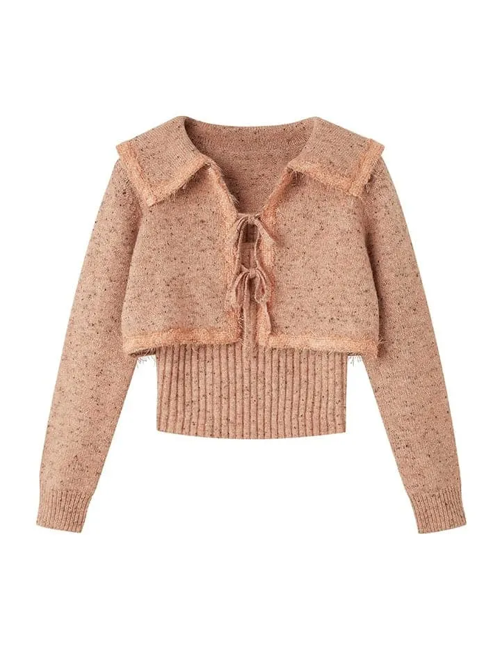 Cropped Knitted Cardigan & Camisole Set With Big Collar