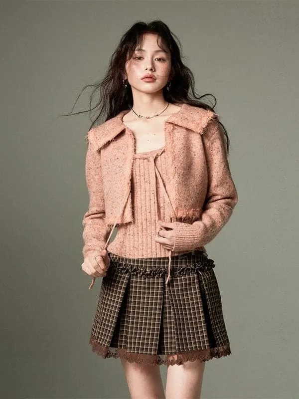 Cropped Knitted Cardigan & Camisole Set With Big Collar