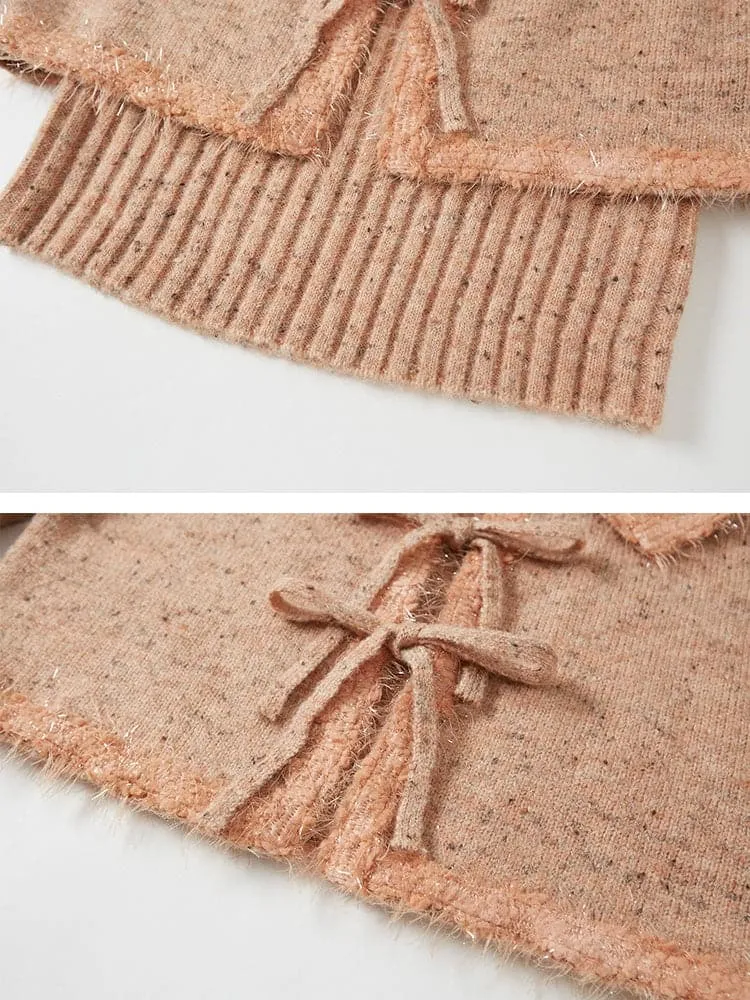 Cropped Knitted Cardigan & Camisole Set With Big Collar