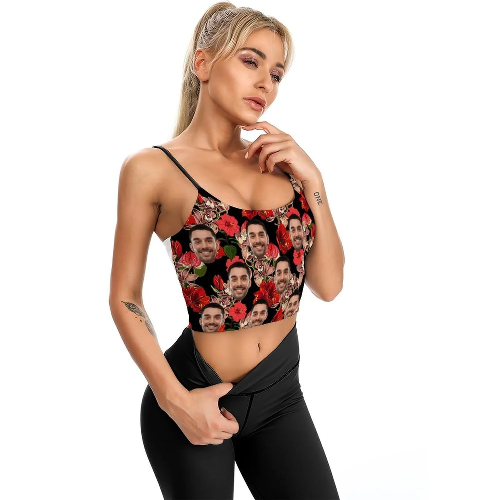 Custom Face Crop Tops Big Red Flower Women's Crop Camisole Top (With Chest Pad)