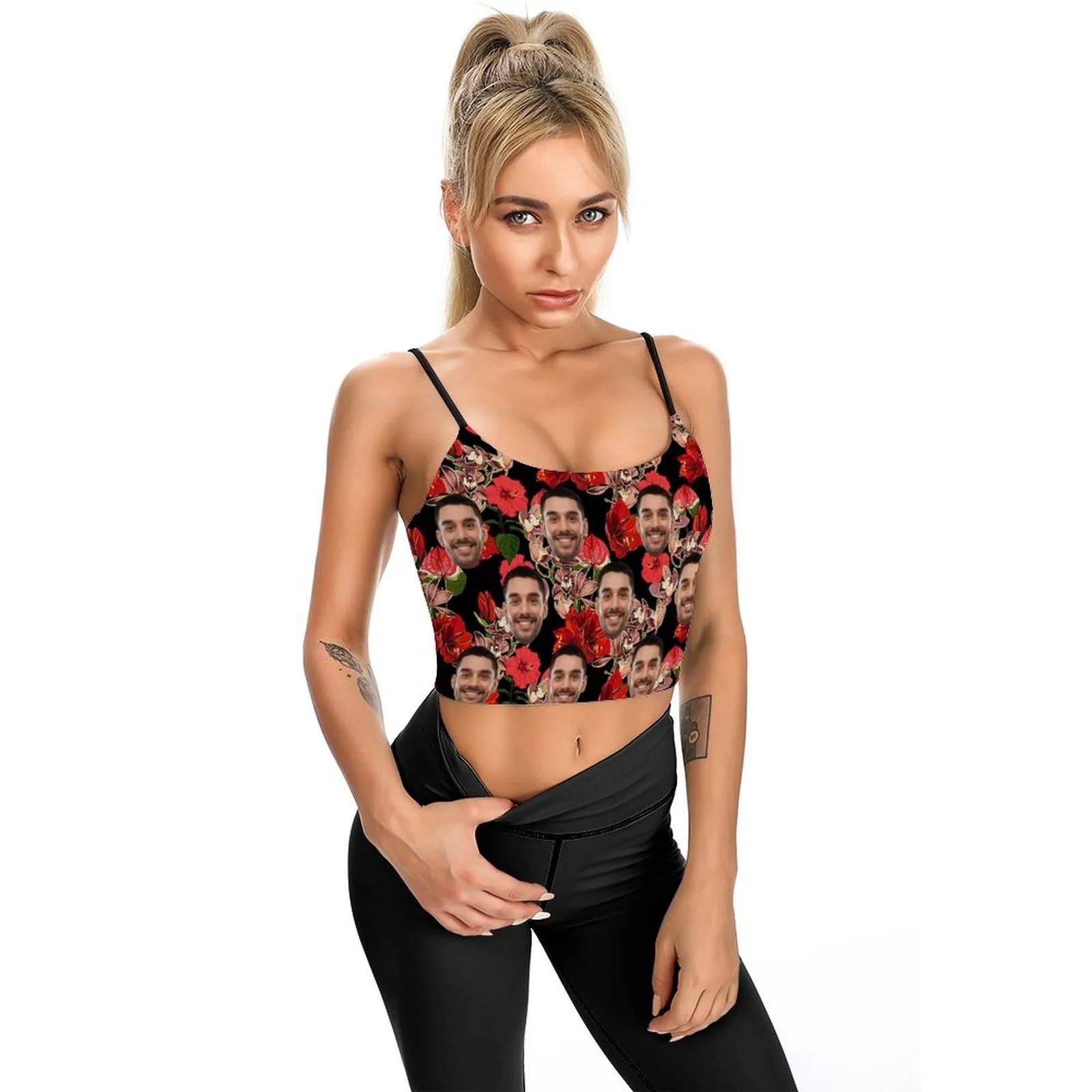 Custom Face Crop Tops Big Red Flower Women's Crop Camisole Top (With Chest Pad)