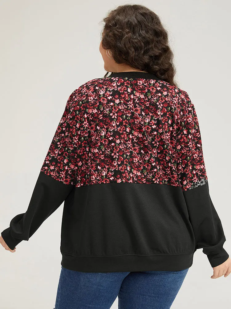 Ditsy Floral Patchwork Zipper Elastic Cuffs Jacket