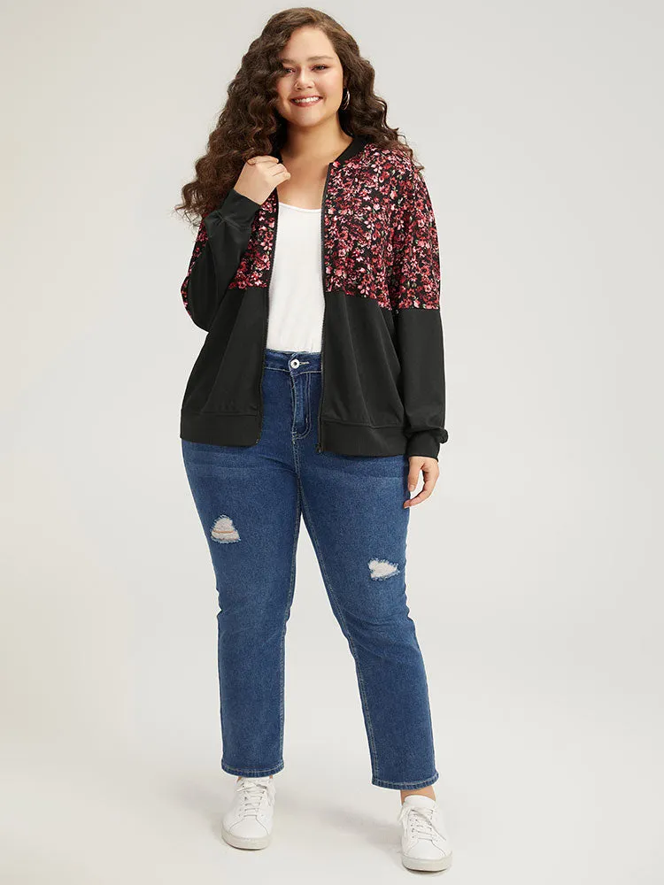Ditsy Floral Patchwork Zipper Elastic Cuffs Jacket