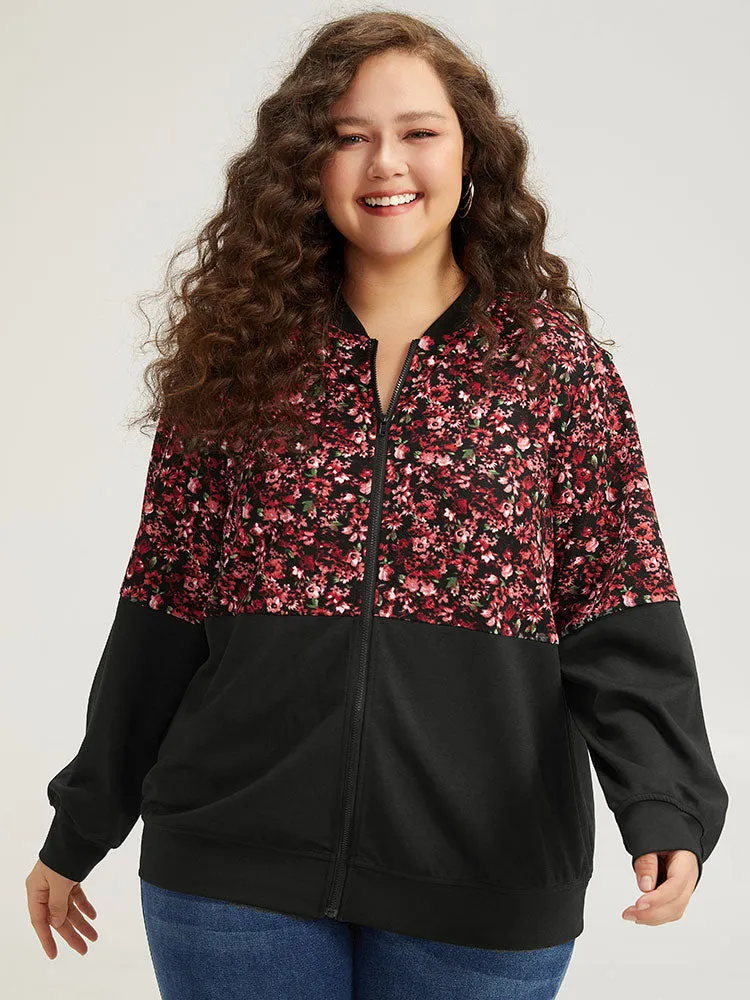 Ditsy Floral Patchwork Zipper Elastic Cuffs Jacket