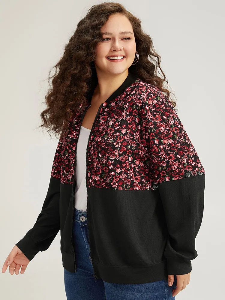 Ditsy Floral Patchwork Zipper Elastic Cuffs Jacket