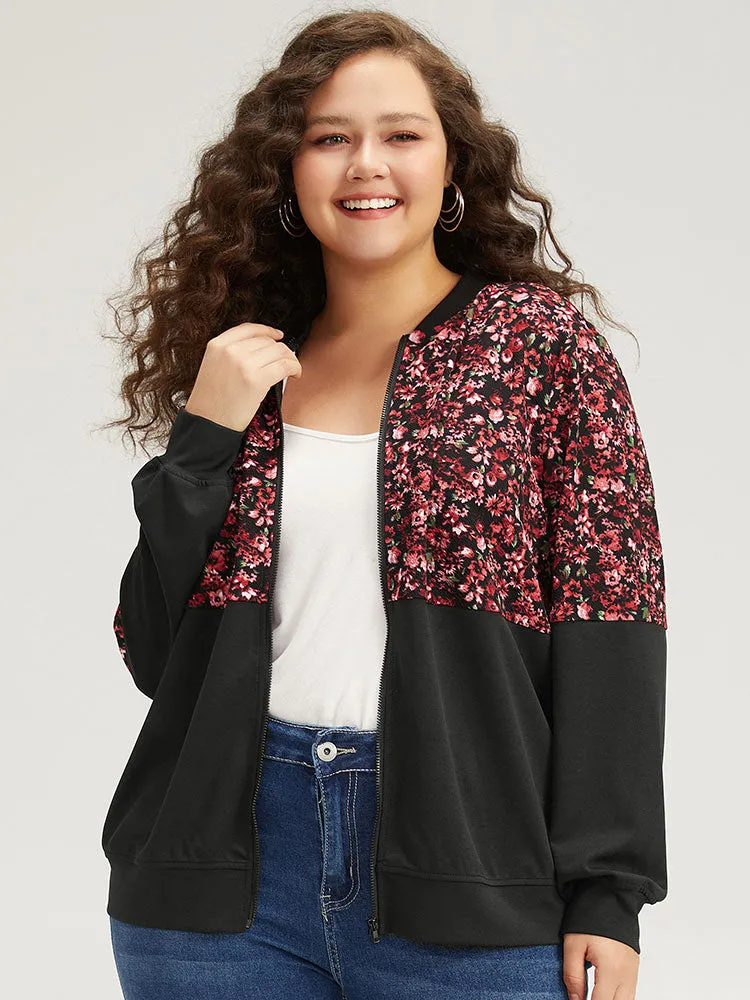 Ditsy Floral Patchwork Zipper Elastic Cuffs Jacket