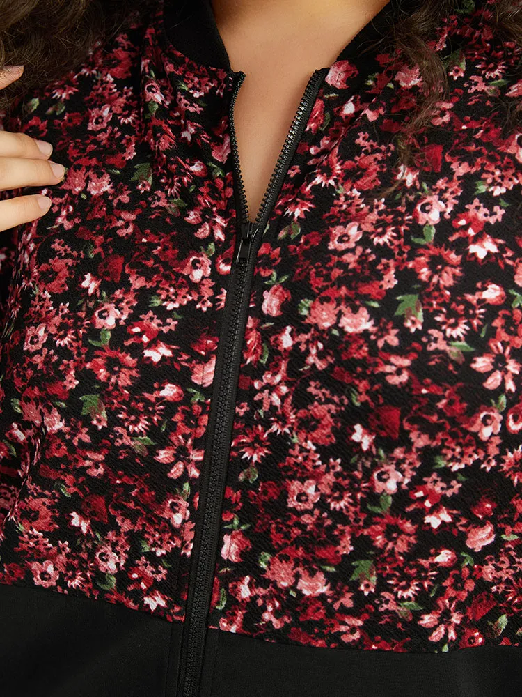 Ditsy Floral Patchwork Zipper Elastic Cuffs Jacket