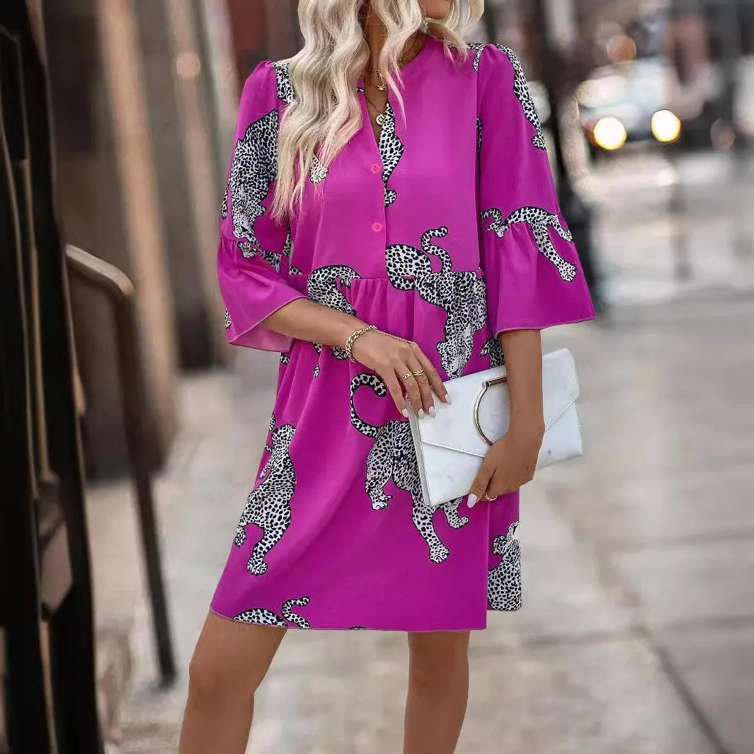 Elegant Leopard Flare Sleeve Dress