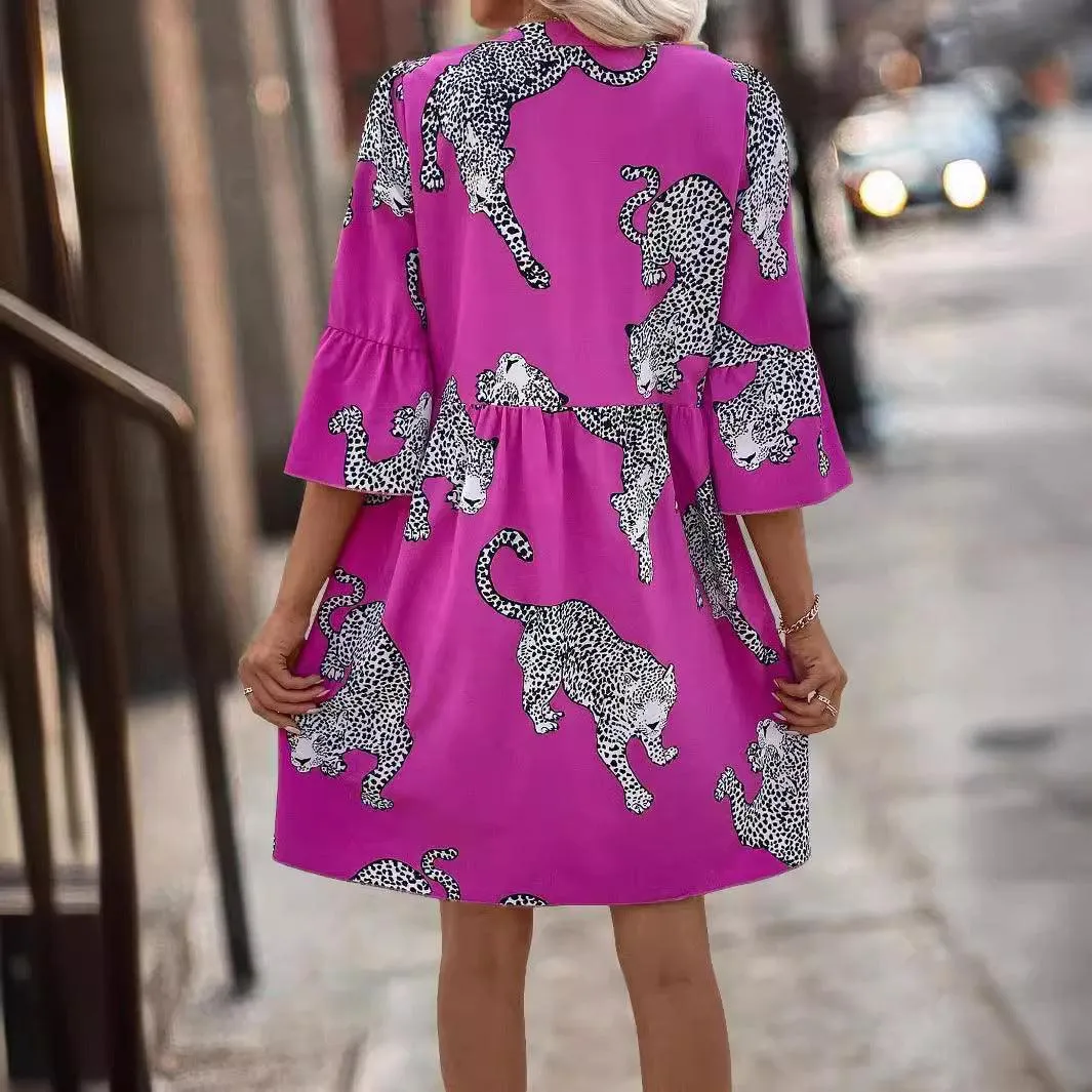 Elegant Leopard Flare Sleeve Dress