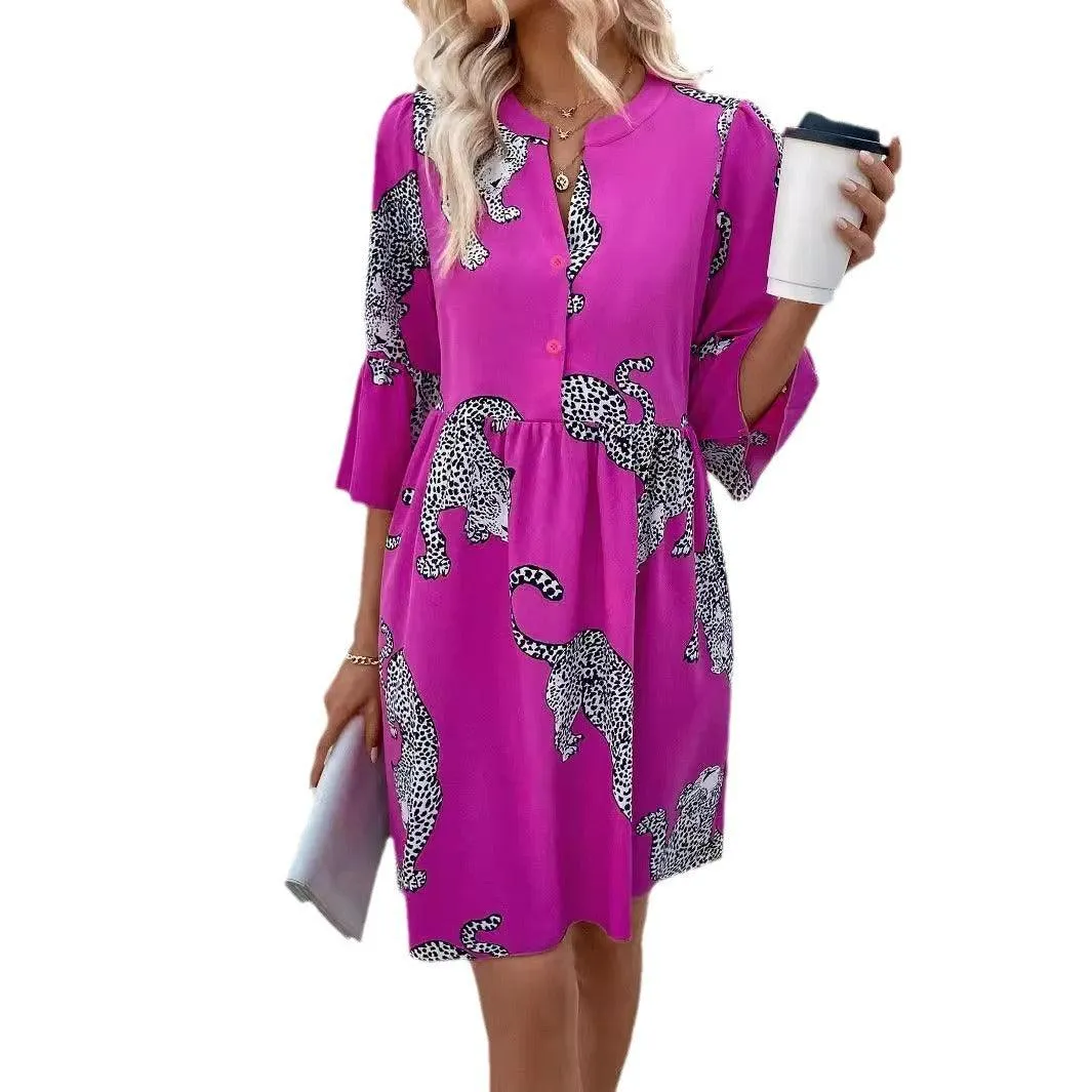 Elegant Leopard Flare Sleeve Dress