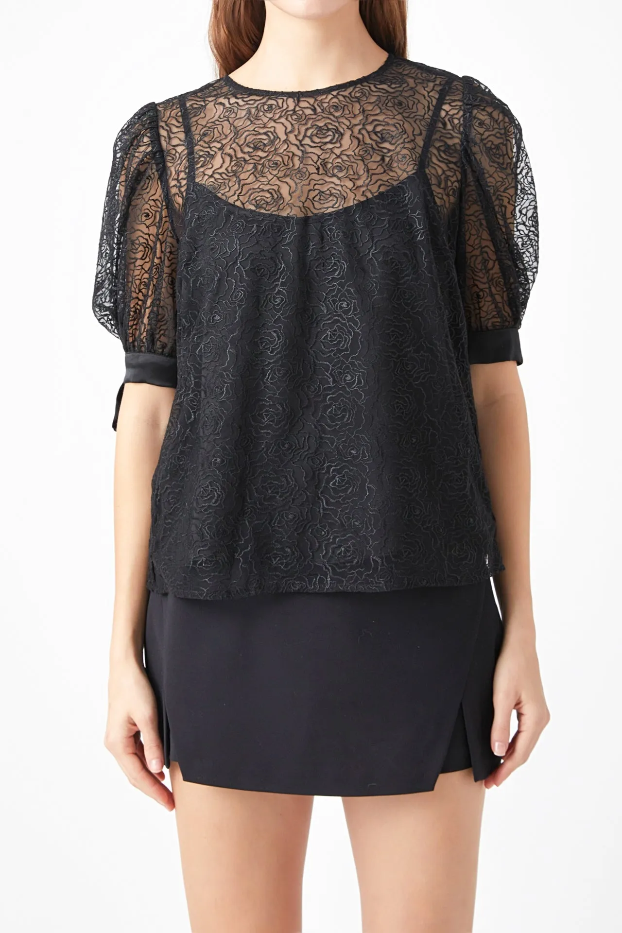 Endless Rose - Embroidered Puff Sleeve Satin Bow Top