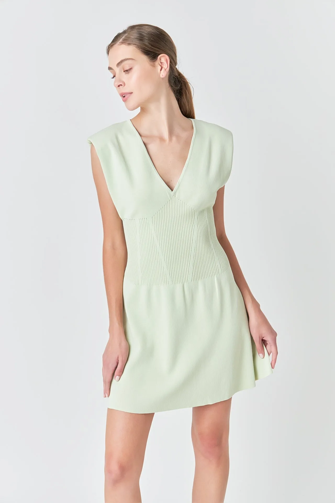 Endless Rose - Padded Shoulder Corset Detail Knit Mini Dress