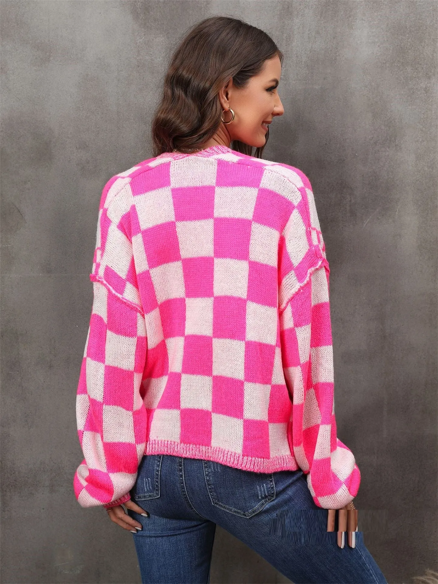 Fashion Plaid Cardigan Plus Size Coat Knitted Coat