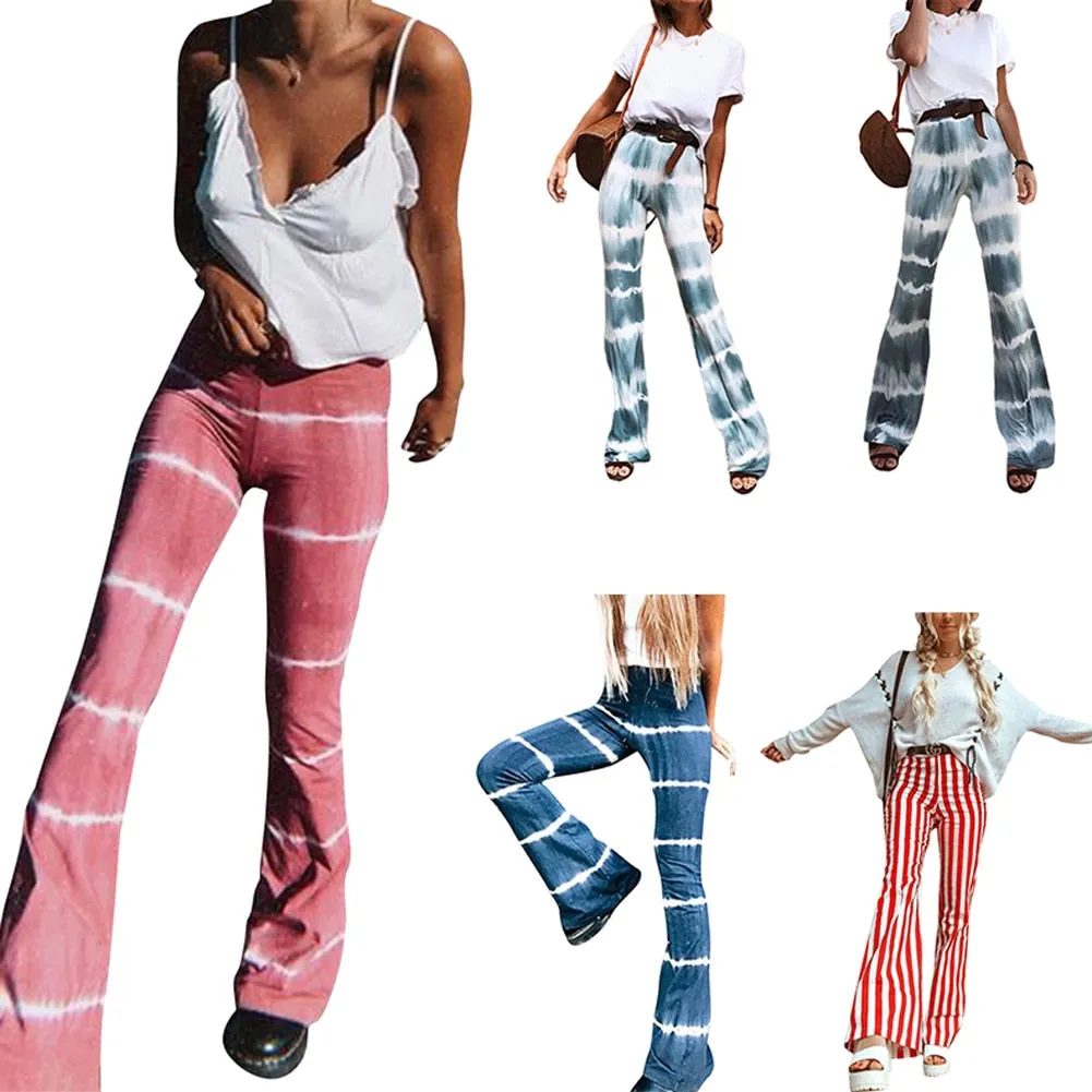 Fashionkova AA Women's Flared Pants High-Waist Trousers Stripes Casual Loose Slimming Pants Summer Bottoms