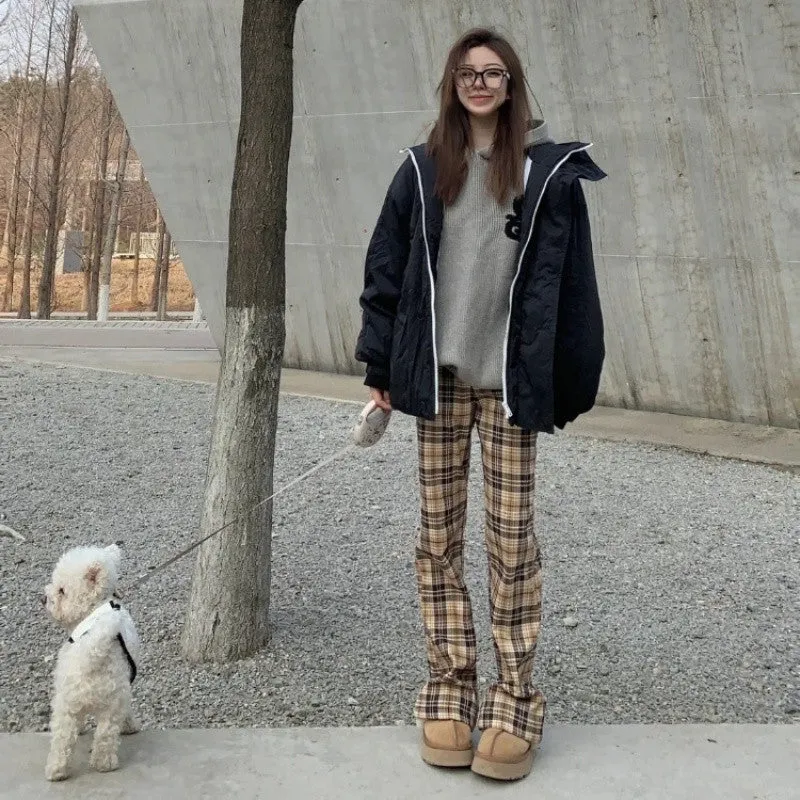 Fashionkova fall fashion Design Sense Niche Khaki Plaid Casual Trousers Women's Spring and Autumn American Retro High Waist Slimming Micro Flared Pants