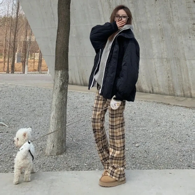 Fashionkova fall fashion Design Sense Niche Khaki Plaid Casual Trousers Women's Spring and Autumn American Retro High Waist Slimming Micro Flared Pants