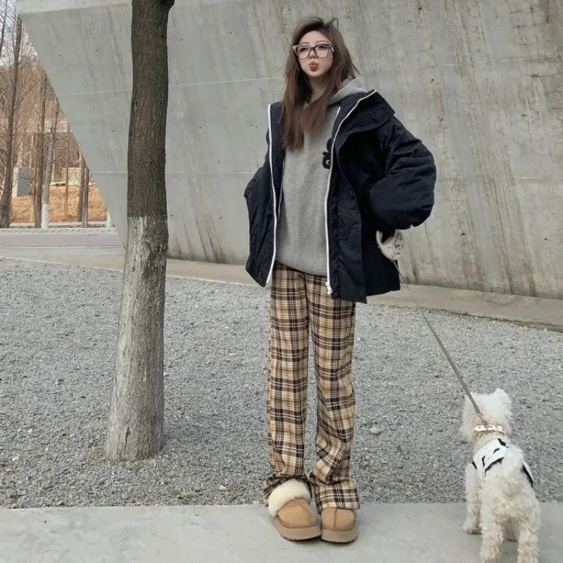 Fashionkova fall fashion Design Sense Niche Khaki Plaid Casual Trousers Women's Spring and Autumn American Retro High Waist Slimming Micro Flared Pants