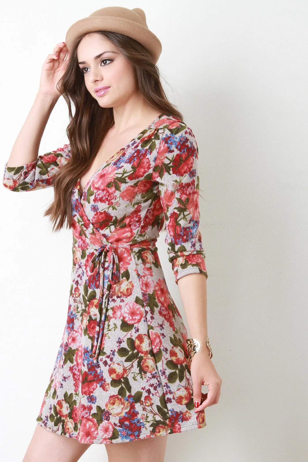 Floral Print Fuzzy Knit Surplice Skater Dress