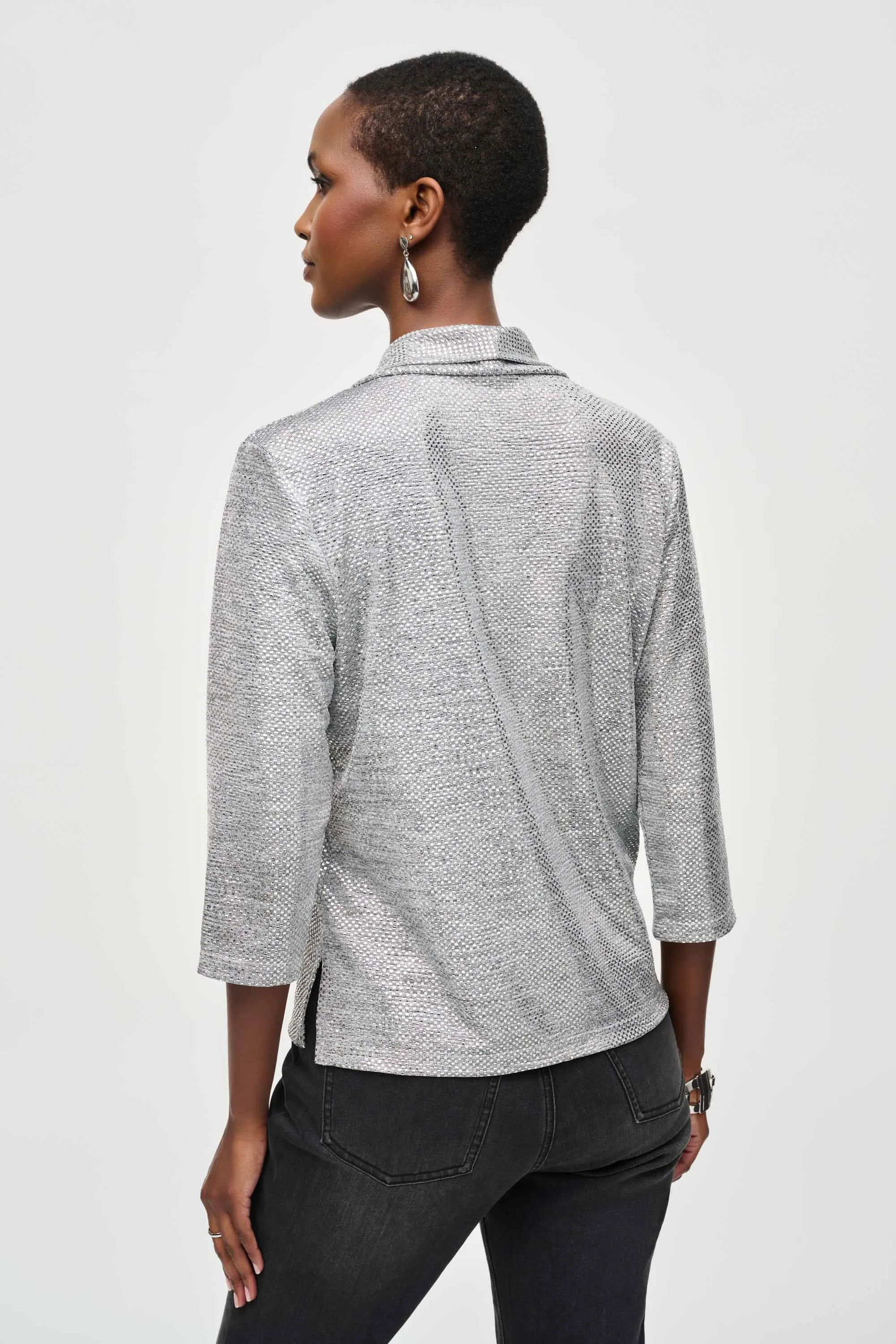 FOILED KNIT COWL NECK TOP