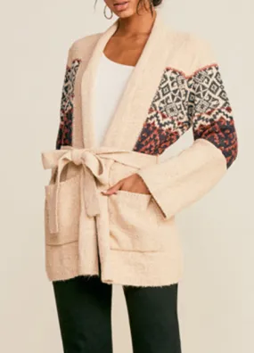 Geo Print Wrap Tie Cardigan