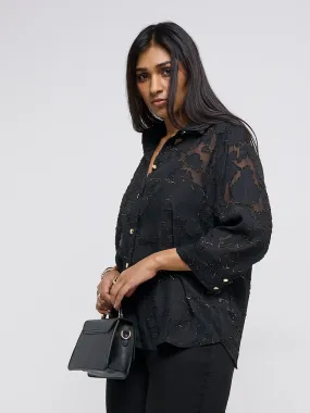 Gia Black Floral Design Shirt with Camisole