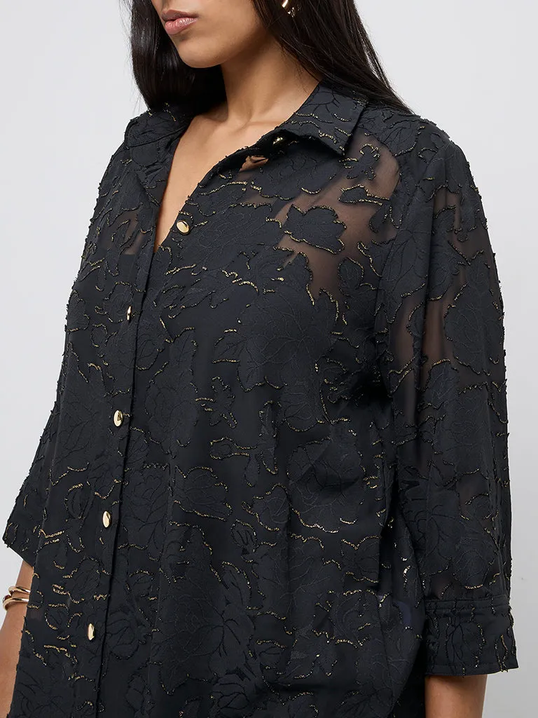 Gia Black Floral Design Shirt with Camisole