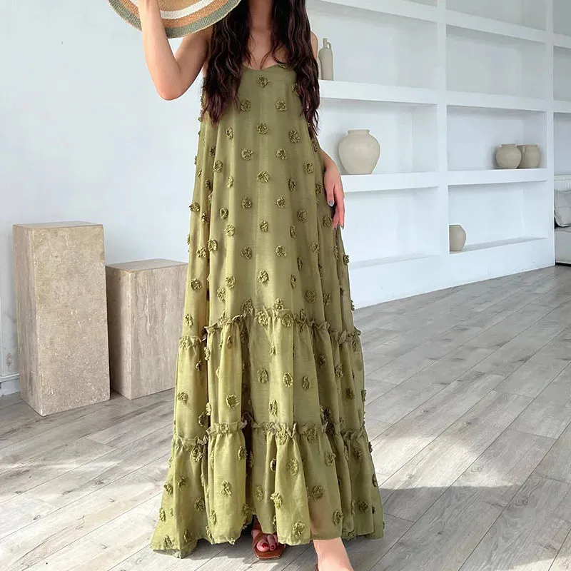 Girlary Lady Casual Solid Color Big Hem Dress Elegant Off Shoulder Long Party Dress Summer Fashion Temperament Holiday Beach Sling Dress