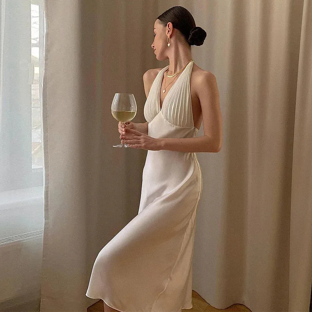 Girlary Sexy Midi Dress Backless Halter Party Dresses for Women Satin Silk-like Eleagnt Long Dress Mujer Vestidos Missnight
