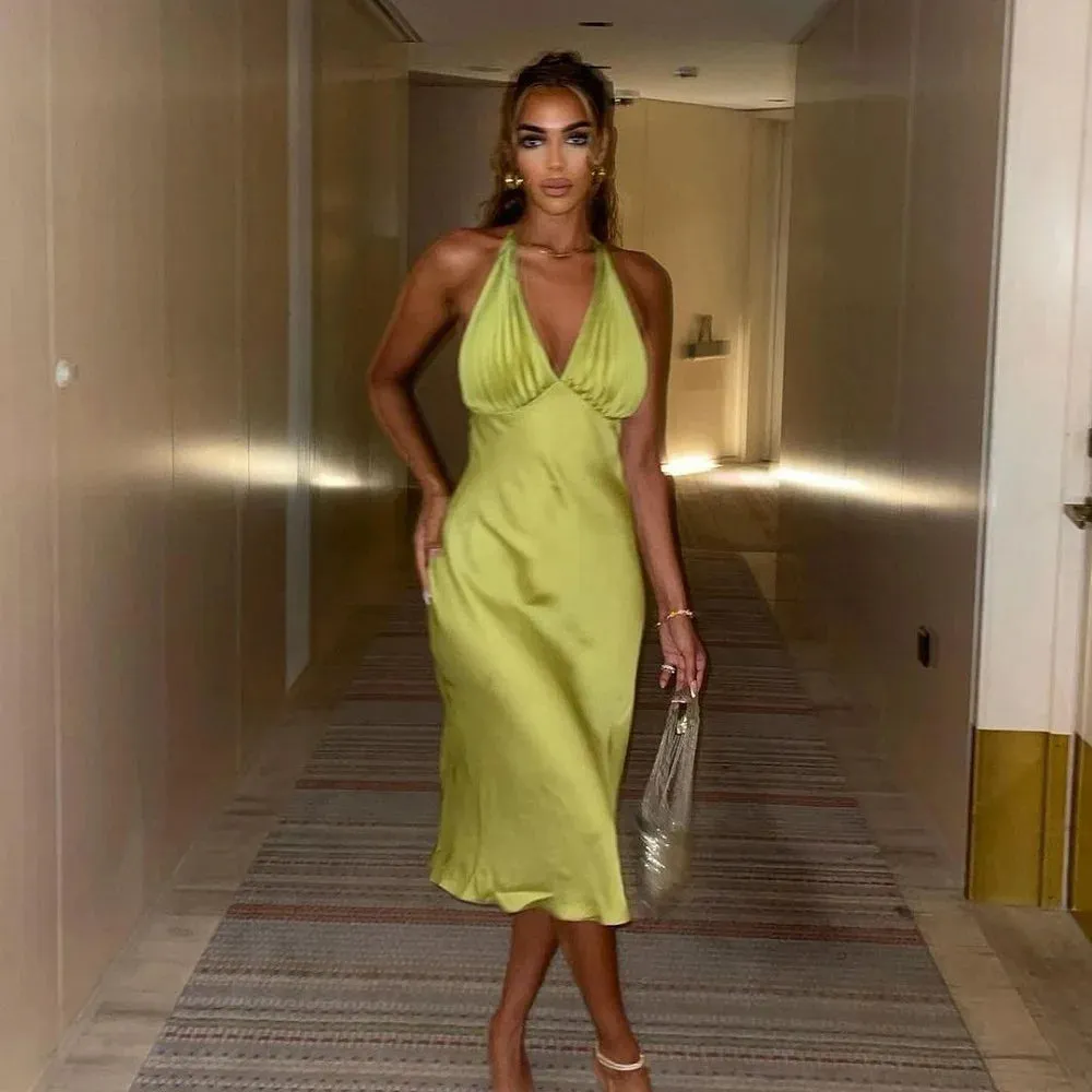 Girlary Sexy Midi Dress Backless Halter Party Dresses for Women Satin Silk-like Eleagnt Long Dress Mujer Vestidos Missnight