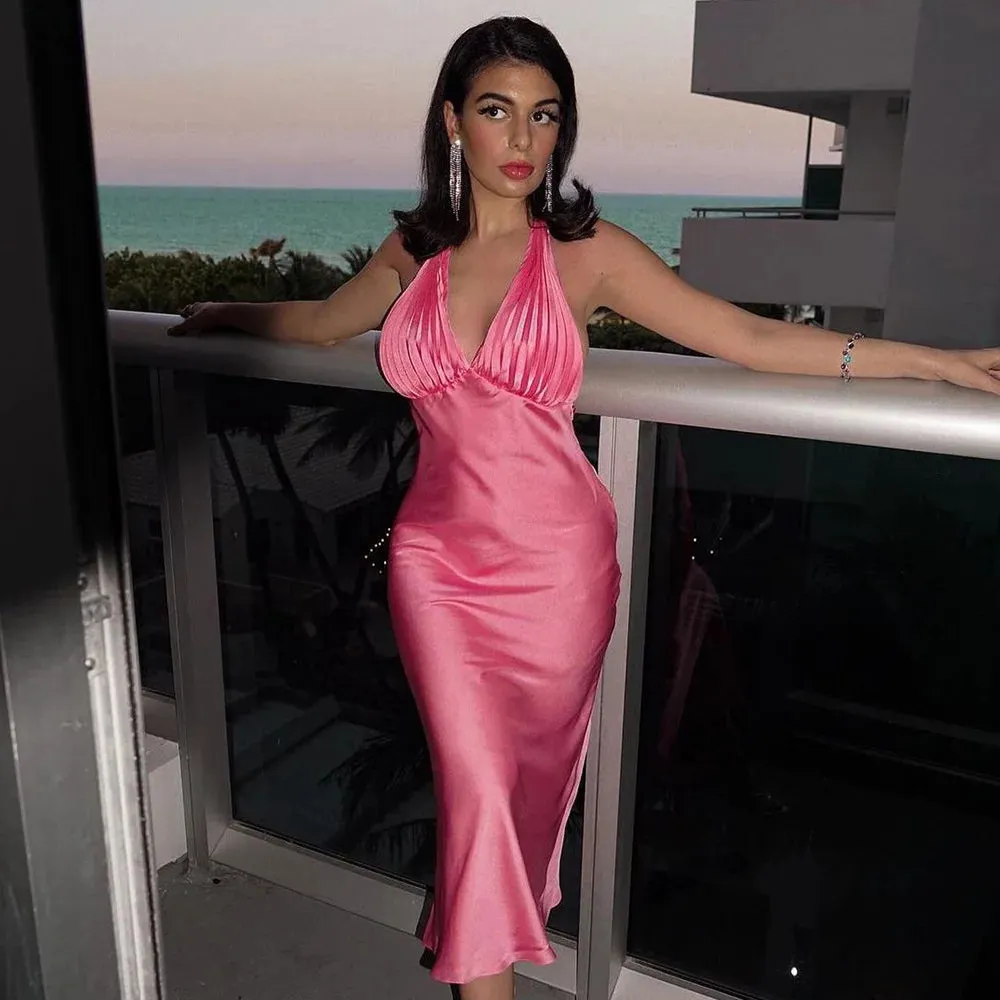 Girlary Sexy Midi Dress Backless Halter Party Dresses for Women Satin Silk-like Eleagnt Long Dress Mujer Vestidos Missnight