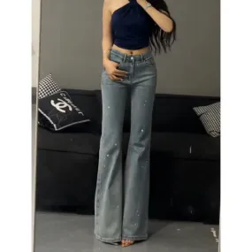 Girlary-shop outfit inspo Loose Retro Heavy-Duty Rhinestone High Waist Skinny Jeans for Women 2024 Summer New Style Slim Flared Pants without Leg Sticking
