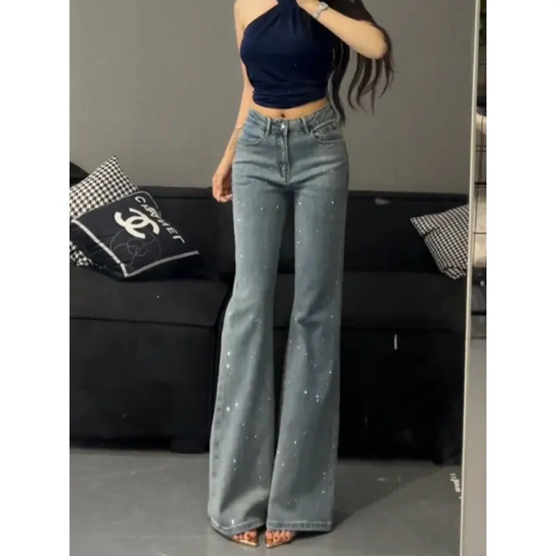 Girlary-shop outfit inspo Loose Retro Heavy-Duty Rhinestone High Waist Skinny Jeans for Women 2024 Summer New Style Slim Flared Pants without Leg Sticking
