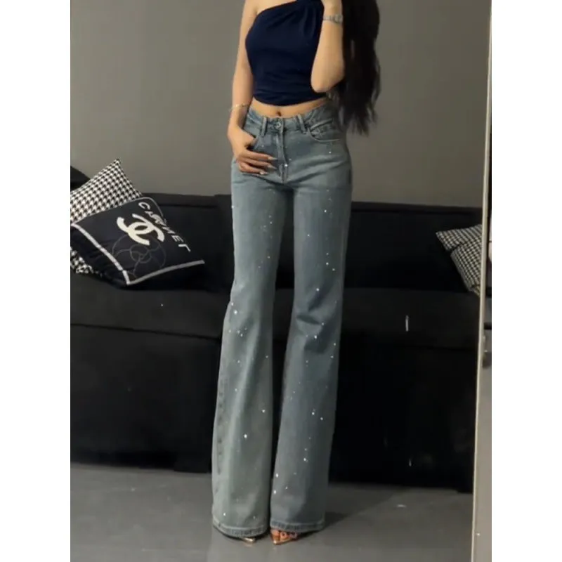 Girlary-shop outfit inspo Loose Retro Heavy-Duty Rhinestone High Waist Skinny Jeans for Women 2024 Summer New Style Slim Flared Pants without Leg Sticking