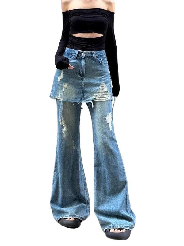 Girlary-shop western outfits women Plus Size Micro Flared Apron Jeans Women's Summer Chubby Girl Ripped Fake Two-Piece Slimming Straight Mop Pants