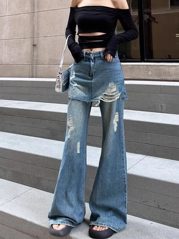 Girlary-shop western outfits women Plus Size Micro Flared Apron Jeans Women's Summer Chubby Girl Ripped Fake Two-Piece Slimming Straight Mop Pants