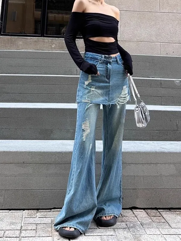 Girlary-shop western outfits women Plus Size Micro Flared Apron Jeans Women's Summer Chubby Girl Ripped Fake Two-Piece Slimming Straight Mop Pants